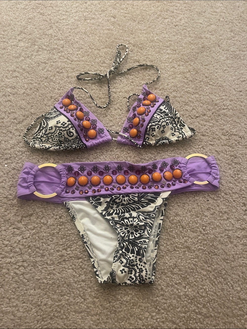 Victoria's Secret Purple Paisley Bikini with Orange Bead Accents